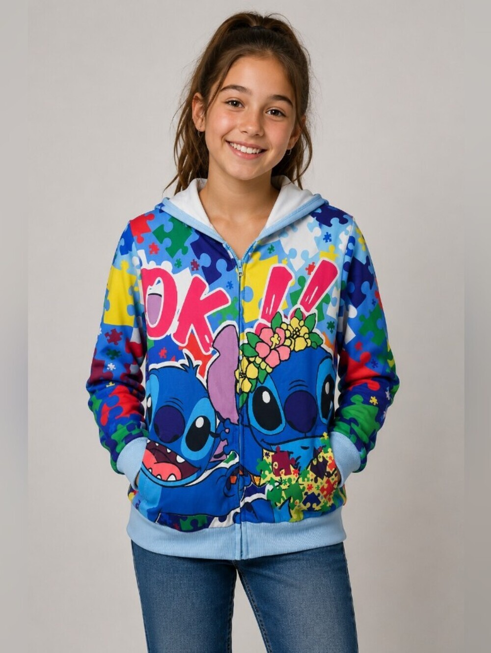 E Bei K Kids Wear Stitch & Angel Puzzle Print Zip Hoodie Jacket Size S